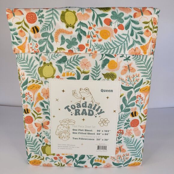 Toadally Rad 4pc QUEEN Sheet Set Green Frogs Mushrooms Peach Snails Worms Bees - Picture 3 of 9